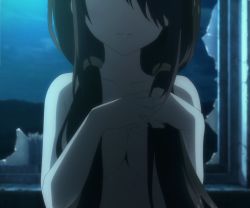 Rule 34 | 1girl, black hair, breasts, collarbone, completely nude, date a live, hair over breasts, highres, large breasts, long hair, no bra, nude, screencap, sidelocks, stitched, third-party edit, tokisaki kurumi, twintails