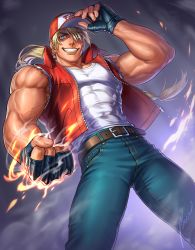 Rule 34 | 1boy, abs, arm up, bare shoulders, baseball cap, biceps, blonde hair, blue eyes, commentary, covered abs, denim, embers, fatal fury, fatal fury cap, fingerless gloves, fire, gloves, grin, hand on headwear, hat, highres, iroha (akei0710), jeans, leather belt, long hair, looking down, male focus, muscular, muscular male, pants, pectoral cleavage, pectorals, ponytail, signature, smile, snk, solo, teeth, terry bogard, the king of fighters, thick thighs, thighs, veins, vest