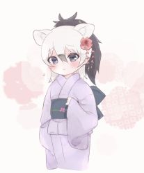 Rule 34 | 1girl, aardwolf (kemono friends), animal ears, back bow, black bow, black hair, blush, bow, commentary request, extra ears, flower, hair between eyes, hair flower, hair ornament, highres, japanese clothes, kemono friends, kimono, kuromitsu (9633 kmfr), long sleeves, looking at viewer, multicolored hair, ponytail, purple eyes, purple kimono, short hair, solo, sweatdrop, two-tone hair, upper body, white hair