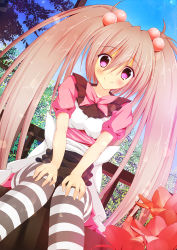 Rule 34 | 1girl, azure (capriccio), bad id, bad nicoseiga id, blush, bow, dress, flower, hair bobbles, hair ornament, highres, long hair, looking at viewer, original, pantyhose, pink hair, smile, solo, striped clothes, striped pantyhose, twintails