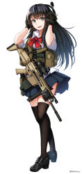 Rule 34 | 1girl, :d, absurdres, assault rifle, black footwear, black gloves, black hair, black thighhighs, blue skirt, bow, breasts, collared shirt, commentary request, ear protection, fn five-seven, fn scar, full body, gloves, grey eyes, gun, hair between eyes, handgun, hands up, headset, high heels, highres, loafers, long hair, looking at viewer, medium breasts, ndtwofives, open mouth, original, pdw-caliber pistol, pistol, pleated skirt, red bow, rifle, school uniform, shirt, shoes, short sleeves, simple background, skirt, smile, solo, standing, thighhighs, twitter username, very long hair, weapon, white background, white shirt