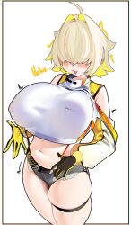 Rule 34 | 1girl, :3, absurdres, blonde hair, blush, breasts, clothing cutout, covered erect nipples, cowboy shot, crop top, cropped sweater, curvy, elegg (nikke), english text, exposed pocket, fang, from above, gloves, goddess of victory: nikke, grey shorts, hair intakes, hair over eyes, highres, huge breasts, laughing, leaning back, long bangs, long sleeves, medium hair, micro shorts, midriff, multicolored clothes, multicolored gloves, multicolored hair, navel, naxius noxy, open mouth, plump, see-through, shorts, shoulder cutout, simple background, skindentation, smile, solo, strap pull, suspender shorts, suspenders, taut sweater, thigh strap, two-tone gloves, two-tone hair, upright ahoge, white background