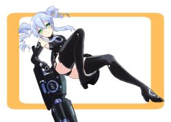 Rule 34 | 1girl, ass, black gloves, black sister, black thighhighs, breasts, drill hair, elbow gloves, gloves, green eyes, grey hair, highres, holding, holding weapon, long hair, looking at viewer, moya 44444, neptune (series), small breasts, smile, solo, thighhighs, twin drills, weapon
