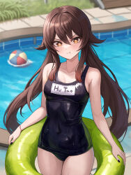 Rule 34 | 1girl, :t, ball, beachball, black nails, breasts, brown eyes, brown hair, character name, covered navel, flower-shaped pupils, genshin impact, glaring, hu tao (genshin impact), innertube, long hair, looking at viewer, mookyuu9, one-piece swimsuit, outdoors, pool, pout, school swimsuit, sidelocks, small breasts, solo, swim ring, swimsuit, symbol-shaped pupils, thighs, twintails, v-shaped eyebrows, very long hair, wet