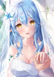 Rule 34 | 1girl, absurdres, ahoge, bare shoulders, blue hair, blue nails, blush, braid, breasts, bridal veil, bride, character name, cleavage, collarbone, commentary request, dress, elf, fingernails, flower, hair flower, hair ornament, heart, heart ahoge, highres, hololive, jewelry, large breasts, long hair, looking at viewer, multicolored nails, nail polish, open mouth, pointy ears, pov, pov hands, ring, solo focus, sosuke (yrmon), veil, virtual youtuber, wedding, wedding band, wedding dress, white nails, yellow eyes, yukihana lamy