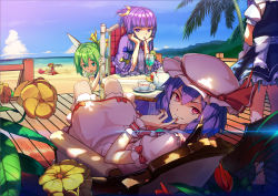 Rule 34 | 6+girls, apron, arm support, bat wings, beach, blue dress, blue hair, blue sky, chair, cloud, crescent, cup, daiyousei, day, dress, drinking straw, fairy wings, fang, flandre scarlet, flower, food, fruit, green eyes, green hair, hair ornament, hair up, hat, hat ribbon, hiding, holster, hong meiling, izayoi sakuya, jinyuan712, knife, lemon, lemon slice, looking at viewer, looking back, maid, maid apron, multiple girls, ocean, open mouth, outdoors, palm tree, patchouli knowledge, pink dress, pink eyes, puffy sleeves, purple dress, purple eyes, purple hair, red hair, remilia scarlet, ribbon, sash, shirt, short sleeves, side ponytail, sitting, skirt, skirt set, sky, smile, striped clothes, striped dress, table, teacup, teapot, thigh holster, touhou, tree, vest, waist apron, wariza, water, wings, wrist cuffs