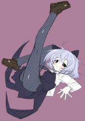 Rule 34 | 1girl, :o, ahoge, animal ears, aqua eyes, bad id, bad pixiv id, black pantyhose, black skirt, blush, cat ears, coattails, full body, highres, leg up, long sleeves, looking at viewer, necktie, open mouth, pantyhose, purple background, sanya v. litvyak, short hair, silver hair, simple background, skirt, solo, strike witches, tailcoat, take shinobu, world witches series