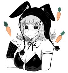Rule 34 | 1girl, animal ears, bare shoulders, blush, breasts, carrot, cleavage, clenched hand, danganronpa (series), danganronpa 2: goodbye despair, fake animal ears, famima de neppuri, flipped hair, galaga, highres, large breasts, leotard, looking at viewer, medium hair, nanami chiaki, official alternate costume, open mouth, playboy bunny, rabbit ears, solo, strapless, strapless leotard, sweat