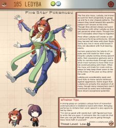 Rule 34 | 1boy, 1girl, antennae, arthropod girl, braid, breasts, brown eyes, character name, character profile, commentary, costume request, creatures (company), english commentary, english text, extra arms, fewer digits, game freak, gen 2 pokemon, highres, kinkymation, ladybug girl, ledyba, low twin braids, medium breasts, medium hair, monster girl, nintendo, no pupils, personification, poke ball, poke ball (basic), pokemon, twin braids