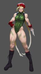 Rule 34 | 1girl, blonde hair, boots, braid, breasts, cammy white, fingerless gloves, gloves, grey background, hat, highres, large breasts, leotard, long hair, scar, scar on face, sheep shin, street fighter, very long hair