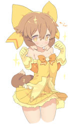 Rule 34 | 1boy, animal ears, bare shoulders, blade (galaxist), blush, bow, brown hair, crossdressing, dog boy, dog ears, dog tail, gloves, hair between eyes, hair bow, magical girl, male focus, official art, open mouth, pop-up story, simple background, skirt, smile, solo, sparkle, tail, trap, white background, yuuri lessen