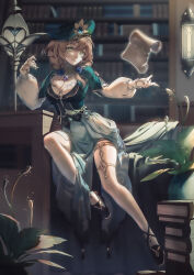 Rule 34 | 1girl, absurdres, bare legs, beret, black footwear, book, bookshelf, braid, breasts, cleavage, closed mouth, commentary request, floating, floating object, flower, genshin impact, green eyes, green hat, hair flower, hair ornament, hat, high heels, highres, indoors, jewelry, light brown hair, lisa (a sobriquet under shade) (genshin impact), lisa (genshin impact), long sleeves, looking at viewer, medium breasts, medium hair, neck ring, official alternate costume, official alternate hairstyle, pelvic curtain, plant, potted plant, puffy long sleeves, puffy sleeves, sitting, smile, solo, tailcoat, thighlet, twin braids, yiyu qing mang