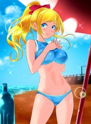 Rule 34 | 1girl, ayase eli, bad id, bad pixiv id, beach, beach umbrella, bikini, blonde hair, blue bikini, blue eyes, blue sky, blurry, bottle, breasts, cloud, commentary request, contrapposto, cowboy shot, day, depth of field, hair ribbon, hanamasa ono, highres, interlocked fingers, large breasts, lens flare, long hair, looking at viewer, love live!, love live! school idol project, outdoors, own hands together, ponytail, red ribbon, ribbon, sky, smile, solo, sparkle, standing, swimsuit, tank top, tankini, umbrella