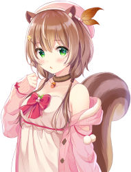 Rule 34 | 1girl, animal ears, ayunda risu, ayunda risu (1st costume), beret, blush, bow, breasts, brown choker, brown hair, cardigan, choker, commentary, dress, green eyes, hair ornament, hairclip, hat, highres, hololive, hololive indonesia, jewelry, leaf hair ornament, looking at viewer, medium breasts, multicolored hair, off shoulder, open cardigan, open clothes, open mouth, pendant, pink cardigan, pink hat, red bow, short hair, simple background, sleeves past wrists, solo, spaghetti strap, squirrel ears, squirrel tail, streaked hair, tail, upper body, virtual youtuber, white background, white dress, white hair, yatomi