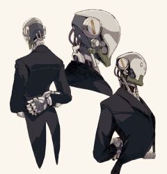 1boy arms_behind_back black_suit coattails commentary cropped_shoulders cropped_torso formal_clothes hamau humanoid_robot long_sleeves male_focus multiple_views overwatch overwatch_1 profile robot simple_background suit white_background