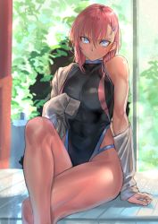 Rule 34 | 1girl, black one-piece swimsuit, blue eyes, blush, competition swimsuit, crossed legs, full body, hair ornament, highres, kilye kairi, looking at viewer, medium hair, mole, mole under eye, one-piece swimsuit, original, red hair, shirt, sitting, skin tight, solo, swimsuit, thighs