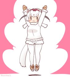 Rule 34 | 1girl, animal ears, arms up, coroha, extra ears, full body, gloves, jumping, kemono friends, kemono friends 3, least weasel (kemono friends), looking at viewer, pantyhose, pink background, ribbon, scarf, shoes, short hair, shorts, simple background, solo, sweater, tail, weasel ears, weasel girl, weasel tail, white hair