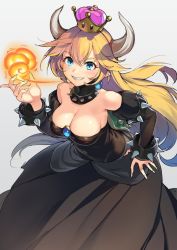 Rule 34 | 1girl, black dress, blonde hair, blue hair, bowsette, breasts, breath weapon, breathing fire, cleavage, collar, dress, earrings, fang, fire, horns, iltusa, jewelry, large breasts, long hair, mario (series), md5 mismatch, new super mario bros. u deluxe, nintendo, slit pupils, smile, solo, super crown