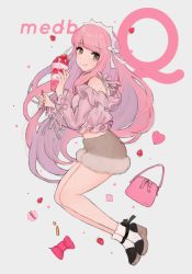 Rule 34 | 1girl, alternate costume, blunt bangs, blush, casual, fate/grand order, fate (series), long hair, looking at viewer, medb (fate), miyako (xxxbibit), parfait, pink hair, smile, solo, yellow eyes