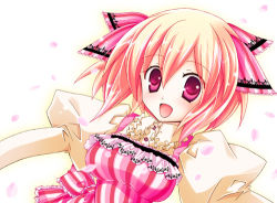 Rule 34 | 1girl, cherry blossoms, dress, frills, looking at viewer, lowres, original, pink dress, pink eyes, pink hair, shimo-san, short hair, smile, solo, teeth, white background