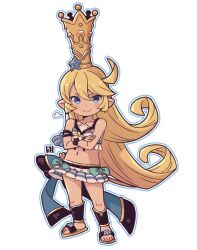 Rule 34 | &gt;:), 1girl, bare shoulders, bikini, blonde hair, blue eyes, blue outline, brown footwear, charlotta (granblue fantasy), charlotta (summer) (granblue fantasy), closed mouth, collarbone, commentary request, crossed arms, crown, granblue fantasy, hair between eyes, harvin, long hair, looking at viewer, mawaru (mawaru), mini crown, navel, outline, sandals, simple background, smile, solo, standing, striped bikini, striped clothes, swimsuit, v-shaped eyebrows, very long hair, white background, white outline