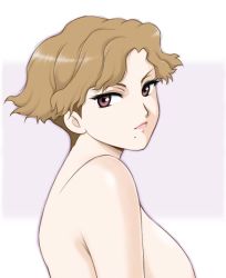 Rule 34 | 00s, 1girl, breasts, brown eyes, brown hair, looking at viewer, my-otome, my-otome s.ifr, out-of-frame censoring, sabachiyo land, simple background, solo, una shamrock, upper body, white background