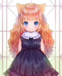 Rule 34 | 1girl, animal ears, arms behind back, black dress, blue eyes, blunt bangs, blush, commentary request, dress, fur collar, highres, looking at viewer, mutou mato, orange hair, original, sleeveless, sleeveless dress, smile, solo, upper body, window