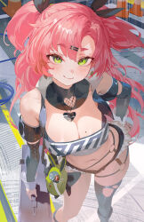 1girl absurdres amillion_(zenless_zone_zero) bangboo_(zenless_zone_zero) bare_shoulders black_ribbon black_shorts black_thighhighs breasts briefcase cleavage crop_top darr1o earrings green_eyes hair_ornament hair_ribbon hairclip heart heart_earrings heart_necklace highres holding holding_briefcase jewelry large_breasts long_hair looking_at_viewer micro_shorts mole mole_on_breast mole_under_eye navel necklace nicole_demara pink_hair ribbon shorts single_thighhigh smile solo strapless thighhighs torn_clothes torn_thighhighs tube_top two_side_up zenless_zone_zero