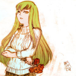 Rule 34 | 1girl, bouquet, c.c., code geass, crossed arms, dated, flower, green hair, long hair, miyuki mouse, signature, solo, sweater, turtleneck, yellow eyes