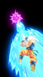 2boys absurdres aura battle black_background blonde_hair blue_shirt colored_skin dragon_ball dragonball_z frieza full_body highres kamehameha_(dragon_ball) male_focus multiple_boys muscular muscular_male nishitakuart orange_pants pants shirt simple_background son_goku spiked_hair super_saiyan torn_clothes torn_shirt white_skin