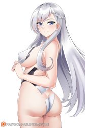 Rule 34 | 1girl, alternate costume, aslindsamure, ass, azur lane, bare shoulders, belfast (azur lane), blue eyes, blush, braid, breasts, butt crack, closed mouth, competition swimsuit, cowboy shot, french braid, highres, large breasts, long hair, looking at viewer, maid headdress, one-piece swimsuit, patreon username, sideboob, silver hair, simple background, smile, solo, swimsuit, twisted torso, white background