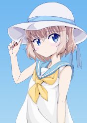 Rule 34 | 10s, 1girl, adjusting clothes, adjusting headwear, blonde hair, blue background, blue eyes, blue ribbon, blush, casual, closed mouth, commentary, dress, girls und panzer, hat, hat ribbon, highres, katyusha (girls und panzer), light blush, light frown, long hair, looking at viewer, neckerchief, ribbon, sailor dress, shibagami, short hair, simple background, sleeveless, sleeveless dress, solo, standing, sun hat, upper body, white hat, yellow neckerchief