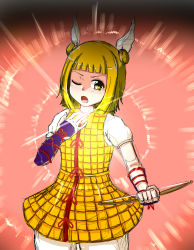 Rule 34 | 1girl, akatuki (yamina), armor, armored dress, blonde hair, bloomers, bow (weapon), commentary request, double bun, dress, hair bun, hair ribbon, highres, japanese armor, joutouguu mayumi, one eye closed, open mouth, pink background, puffy short sleeves, puffy sleeves, ribbon, short hair, short sleeves, sidelocks, solo, touhou, underwear, vambraces, weapon, white ribbon, yellow dress, yellow eyes, ||/