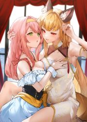 Rule 34 | 2girls, :o, animal ear fluff, animal ears, armpits, arms up, blonde hair, blush, breasts, commentary request, copyright request, corset, dress, frilled dress, frills, green eyes, hairband, hand on another&#039;s chest, hand on another&#039;s head, highres, ichibi, long hair, looking at another, medium breasts, multiple girls, parted lips, pink hair, red eyes, short sleeves, sleeveless, sleeveless dress, sweat, tail, tassel, very long hair, white dress, wrist cuffs, yellow dress, yellow hairband, yuri