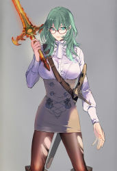 Rule 34 | 1girl, bare legs, belt, blue eyes, breasts, byleth (female) (fire emblem), byleth (fire emblem), fire emblem, fire emblem: three houses, garreg mach monastery uniform, glasses, green hair, grey background, hair between eyes, heroes relic (fire emblem), high-waist skirt, holding, holding weapon, large breasts, leggings, long hair, long sleeves, looking at viewer, nintendo, official alternate costume, pantyhose, sheath, sheathed, simple background, skirt, solo, sword, sword of the creator, thigh gap, torn clothes, torn pantyhose, tsukimura noe, uniform, weapon
