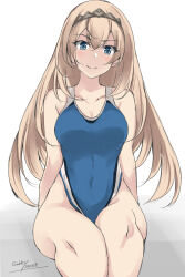 Rule 34 | 1girl, alternate costume, artist name, blonde hair, blue eyes, blue one-piece swimsuit, breasts, collarbone, competition swimsuit, dated, gakky, gradient background, grey background, hair between eyes, kantai collection, looking at viewer, medium breasts, one-piece swimsuit, signature, sitting, swimsuit, tiara, victorious (kancolle)