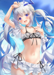 1girl :d absurdres amane_kanata arm_up bikini black_choker black_ribbon blue_hair blush bracelet choker collarbone contrapposto cowboy_shot floating_hair front-tie_bikini_top front-tie_top groin hair_ornament highres hololive jewelry layered_bikini long_hair looking_at_viewer navel open_mouth purple_eyes ribbon side-tie_bikini_bottom smile solo standing swimsuit twintails very_long_hair virtual_youtuber white_hair yukikawa_sara