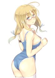Rule 34 | 10s, 1girl, ahoge, ass, blonde hair, blush, breasts, glasses, highres, i-8 (kancolle), kantai collection, large breasts, long hair, looking at viewer, one-piece swimsuit, red-framed eyewear, school swimsuit, sideboob, simple background, solo, swimsuit, thighhighs, twintails, wa (genryusui), white background, white thighhighs