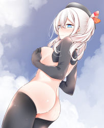 Rule 34 | 1girl, @ @, ass, back, beret, black gloves, black hat, black thighhighs, blue eyes, blue sky, blush, breasts, closed mouth, cloud, commentary request, covering breasts, covering privates, cowboy shot, day, elbow gloves, from behind, frown, gloves, hat, kantai collection, kashima (kancolle), long hair, looking at viewer, looking back, medium breasts, nude, oouso, outdoors, reverse outfit, revision, seamed legwear, side-seamed legwear, silver hair, sky, solo, sweat, thighhighs, twintails, wavy mouth
