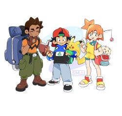 1girl 2boys alternate_costume ash_ketchum backpack backwards_hat bag baseball_cap black_hair black_hoodie blue_eyes blue_hoodie blush book boots brock_(pokemon) brown_gloves brown_hair cargo_pants creatures_(company) dark-skinned_male dark_skin facial_mark fingerless_gloves fishing_rod game_freak gem gen_1_pokemon gen_2_pokemon gloves green_pants grey_pants grin hand_on_own_chin hat highres holding holding_book holding_fishing_rod holding_poke_ball hood hood_down hoodie marking_on_cheek misty_(pokemon) multicolored_clothes multicolored_hoodie multiple_boys nintendo off-shoulder_shirt off_shoulder on_shoulder open_book orange_hair orange_shirt pants pikachu poke_ball poke_ball_(basic) pokemon pokemon_(anime) pokemon_(classic_anime) pokemon_(creature) pokemon_on_shoulder raised_eyebrow redesign rock romper sami_briggs shirt short_hair shorts side_ponytail smile spiked_hair standing swimsuit swimsuit_under_clothes togepi yellow_romper yellow_shirt yellow_shorts
