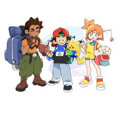 1girl 2boys alternate_costume ash_ketchum backpack backwards_hat bag baseball_cap black_hair black_hoodie blue_eyes blue_hoodie blush book boots brock_(pokemon) brown_gloves brown_hair cargo_pants creatures_(company) dark-skinned_male dark_skin facial_mark fingerless_gloves fishing_rod game_freak gem gen_2_pokemon gloves green_pants grey_pants grin hand_on_own_chin hat highres holding holding_book holding_fishing_rod holding_poke_ball hood hood_down hoodie marking_on_cheek misty_(pokemon) multicolored_clothes multicolored_hoodie multiple_boys nintendo off-shoulder_shirt off_shoulder on_shoulder open_book orange_hair orange_shirt pants poke_ball poke_ball_(basic) pokemon pokemon_(anime) pokemon_(classic_anime) pokemon_(creature) pokemon_on_shoulder raised_eyebrow redesign rock romper sami_briggs shirt short_hair shorts side_ponytail smile spiked_hair standing swimsuit swimsuit_under_clothes togepi yellow_romper yellow_shirt yellow_shorts