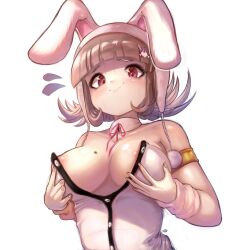 Rule 34 | 1girl, animal ears, armlet, black leotard, blunt bangs, border, breasts, brown hair, cleavage, closed mouth, danganronpa (series), danganronpa 2: goodbye despair, flying sweatdrops, galaga, hair ornament, hands on own breasts, highres, large breasts, leotard, medium hair, mole, mole on breast, nanami chiaki, nipples, official alternate costume, onimiere, pink eyes, playboy bunny, rabbit ears, simple background, smile, solo, two-tone leotard, upper body, white background, white leotard