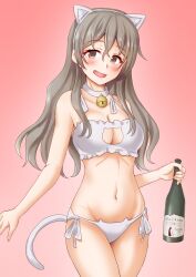 Rule 34 | 1girl, animal ears, anti (untea9), bell, blush, bottle, bra, breasts, brown eyes, cat cutout, cat ears, cat tail, cleavage, clothing cutout, collarbone, cowboy shot, grey hair, hair between eyes, highres, holding, holding bottle, jingle bell, kantai collection, long hair, medium breasts, navel, open mouth, panties, pola (kancolle), red panties, smile, solo, tail, underwear, white bra