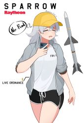Rule 34 | 1girl, = =, aim-7 sparrow, air-to-air missile, air-to-surface missile, artist name, atamonica, baseball cap, beyond-visual-range missile, cellphone, commentary, cowboy shot, dated, dolphin shorts, english commentary, frown, hat, highres, jacket, long hair, military, missile, original, personification, phone, shorts, silver hair, smartphone, thought bubble