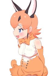 Rule 34 | 1girl, :d, animal ear fluff, animal ears, bare shoulders, blouse, blue eyes, bow, bowtie, breasts, caracal (kemono friends), commentary, elbow gloves, extra ears, eyes visible through hair, gloves, highres, kemono friends, looking away, masuyama ryou, medium breasts, medium hair, open mouth, orange gloves, orange hair, orange skirt, shirt, simple background, skirt, sleeveless, sleeveless shirt, smile, solo, tail, white background, white shirt