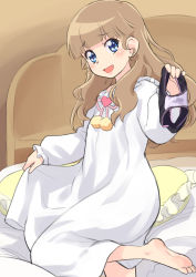 Rule 34 | 1girl, barefoot, bed, bed sheet, black panties, blue eyes, blunt bangs, blush, brown hair, eyebrows hidden by hair, foot out of frame, heart, heart (symbol), highres, holding, holding clothes, holding panties, holding underwear, kikurage (crayon arts), light brown hair, long hair, long sleeves, looking at viewer, looking to the side, mewkledreamy, nightgown, on bed, open mouth, panties, pantyhose, pillow, pom pom (clothes), smile, solo, star (symbol), star in eye, symbol in eye, tsukishima maira, underwear, wavy hair, wet, wet clothes, wet panties, white nightgown
