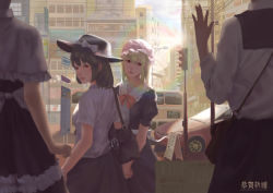 Rule 34 | 2018, 2girls, absurdres, bad id, bad pixiv id, bag, black dress, blonde hair, brown hair, building, bus, bus stop, capelet, car, city, day, dress, from behind, hand up, handbag, happy new year, hat, hat ribbon, highres, lens flare, long hair, looking at another, mannequin, maribel hearn, mob cap, motor vehicle, multiple girls, new year, outdoors, parted lips, power lines, puffy short sleeves, puffy sleeves, purple dress, red eyes, ribbon, school uniform, serafuku, shirt, short hair, short sleeves, sign, storefront, tengyuan pa pa zi, touhou, traffic light, usami renko, white shirt
