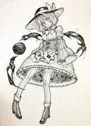 Rule 34 | 1girl, alternate costume, bow, bowtie, closed mouth, full body, greyscale, hat, hat bow, high heels, highres, juliet sleeves, komeiji koishi, long sleeves, looking at viewer, mashimashi, monochrome, puffy sleeves, short hair, skirt, smile, solo, standing, thighhighs, third eye, touhou, traditional media, wide sleeves, zettai ryouiki