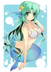 Rule 34 | 1girl, arm support, arm up, bad id, bad pixiv id, beads, blue background, breasts, butt crack, cleavage, fins, green eyes, green hair, hair ornament, head fins, long hair, looking at viewer, matching hair/eyes, mermaid, monster girl, original, parted lips, rounded corners, scales, seashell, shell, shell bikini, sitting, solo, star (symbol), star hair ornament, yukiwo