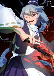 Rule 34 | 1girl, ;d, absurdres, black background, black hat, commentary request, fire, grey eyes, grey hair, hat, highres, holding, holding sword, holding weapon, japanese clothes, kariginu, long hair, long sleeves, looking at viewer, mononobe no futo, one eye closed, open mouth, pom pom (clothes), ponytail, ribbon-trimmed sleeves, ribbon trim, simple background, smile, solo, sword, tate eboshi, touhou, urizaku3, weapon, wide sleeves